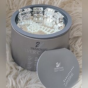 Swarovski Crystal Figurines Train Set Engine Three Cars Track Mirror- Like New